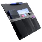 A black organizer with elastic pockets holds a smartphone, pen, envelope, and other small items. The design is minimalist and compact, suitable for office or travel use.