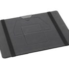 A dark gray tablet stand made of flat, durable material with a central foldable structure and two elastic bands on either side. The stand appears to be compact and portable.