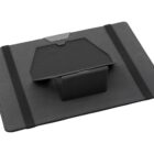 A black laptop case with a foldable stand in the center. The case is open, showing its rectangular shape and elastic bands on the sides. The foldable stand is in an upright position on the interior.