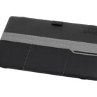 A sleek black and gray tablet holder with a textured strip across the middle. It has a subtle stitched design and features a small logo in the corner. The holder appears to be designed for carrying and protecting a tablet.