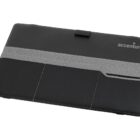 A black and gray tablet case with a minimalist design features the Accenture logo in white on the top right corner. The case has a gray elastic band across the front for secure closure and white stitching accents along the edges.