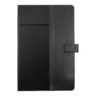 A sleek black leather notebook with a minimalist design. It has a vertical strap on the front cover for added style and a small loop closure on the right side. The surface is smooth and polished, giving it an elegant appearance.
