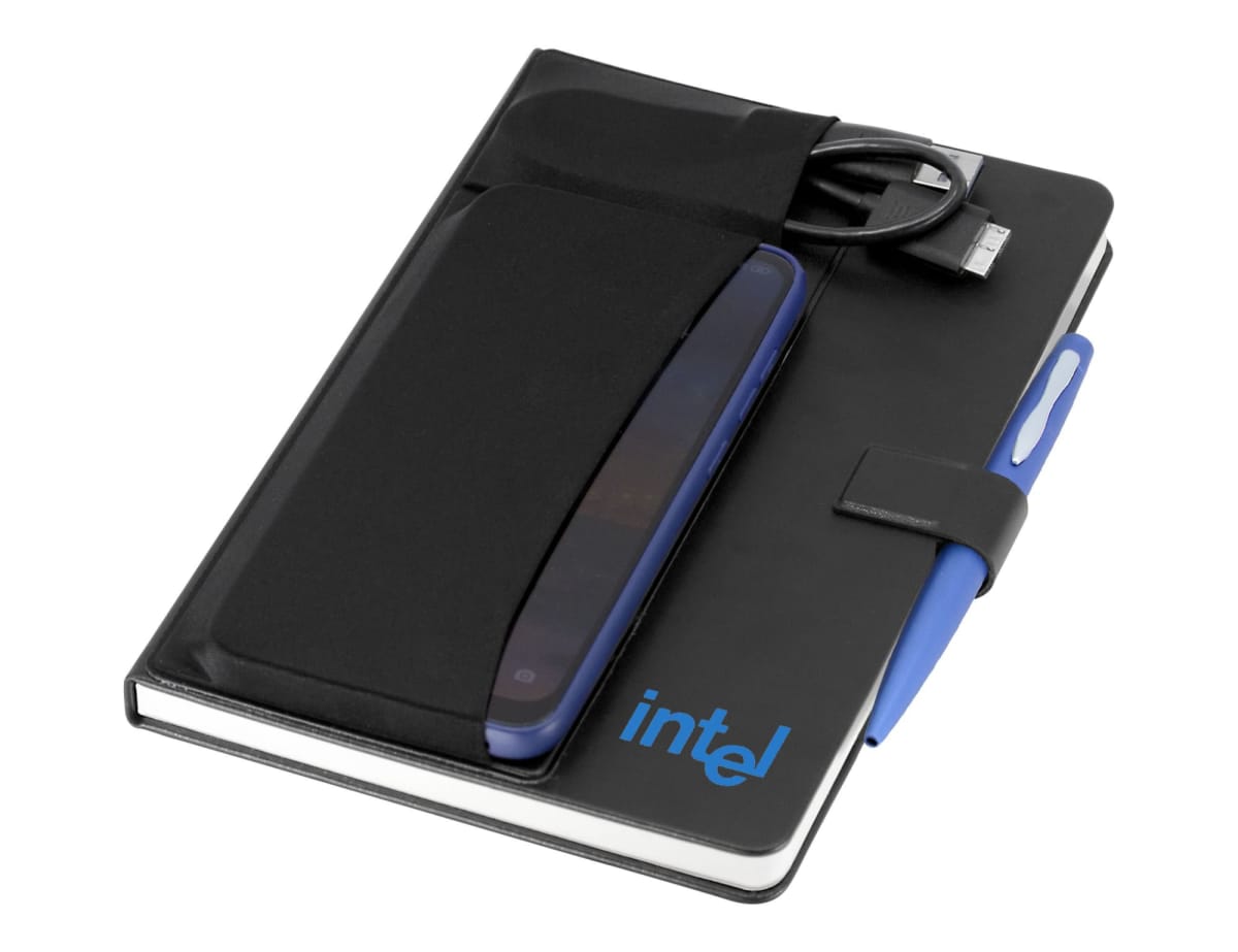 A black notebook with intel in blue on the cover, featuring a holder attached with a smartphone, a pen, and a cable.