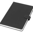 A closed black leather notebook with a magnetic clasp, resting on a white background. The edges of white pages are visible, giving a sleek and professional appearance.