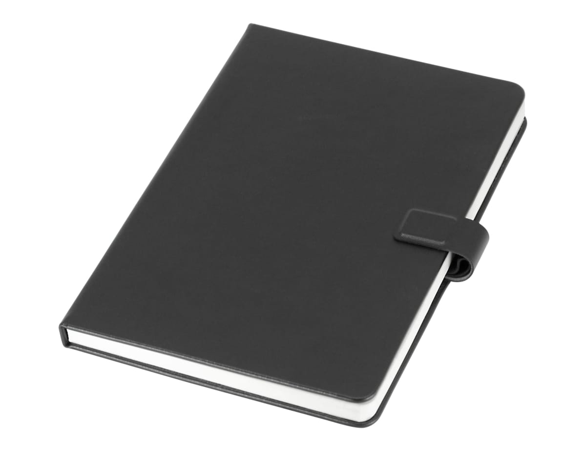 A closed black leather notebook with a magnetic clasp, resting on a white background. The edges of white pages are visible, giving a sleek and professional appearance.