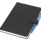 A closed black notebook with a clasp, containing a blue pen tucked into the clasp. The notebook is angled slightly to the left on a white background.