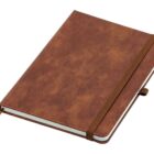 A closed brown leather notebook with a matching elastic band and ribbon bookmark. The edges of the pages are visible, showcasing a clean and simple design.