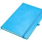 A bright blue notebook with a smooth cover and a matching elastic band. It features a ribbon bookmark, and a pen holder on the side. The notebook is closed and positioned at a slight angle against a white background.