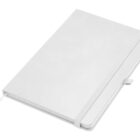 A closed, white hardcover notebook with an elastic band and a ribbon bookmark lies on a white background. The notebook has a clean, minimalist design, and the elastic band and pen holder are on the right side.