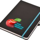A black notebook with a blue elastic band, featuring an image of a red apple with a green leaf on the cover. Below the apple, the text THE HEALTH GROUP is printed in blue.