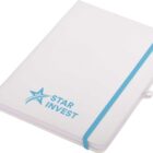 A closed white notebook with a blue elastic band and a ribbon bookmark. The cover features a blue star design and the text STAR INVEST.