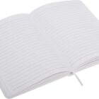 An open notebook with lined pages and a ribbon bookmark. The pages are blank and ready for writing. The book is laid flat, showing its spine and edges, giving a sense of its thickness and size.