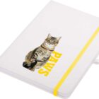 A white notebook featuring a realistic image of a tabby cat sitting. Below the cat, the word PAWS is printed in bold yellow letters. An elastic yellow band wraps around the notebook.