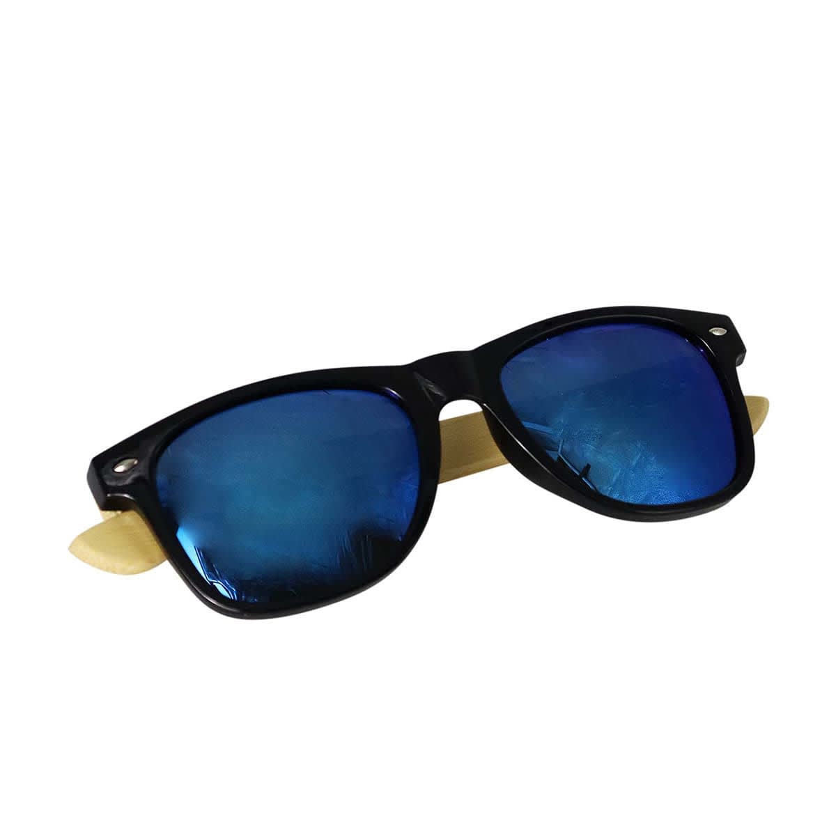 A pair of sunglasses with black frames and blue reflective lenses, placed on a white background. The arms of the sunglasses appear to be a light tan color.