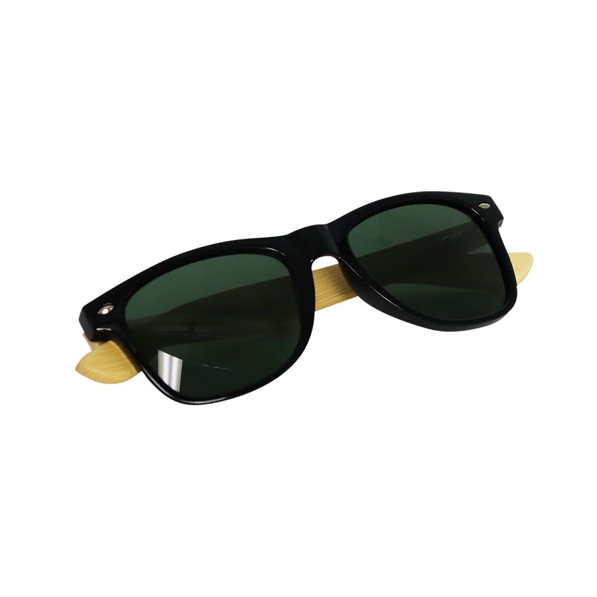 Black sunglasses with dark green lenses and light tan arms displayed against a white background.