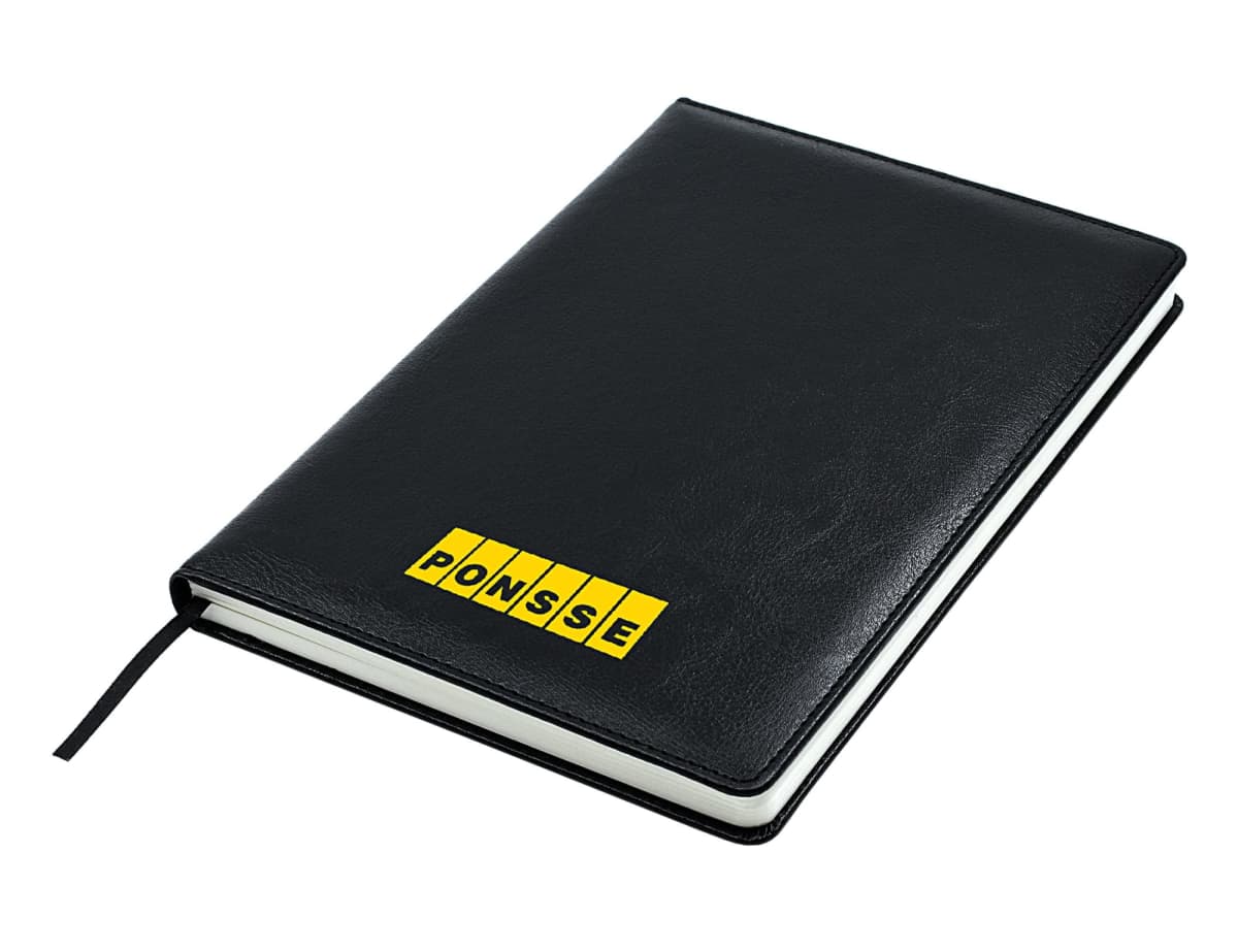 A black leather-bound notebook featuring the word PONSSE in yellow block letters on the cover. It has a smooth finish and includes a black ribbon bookmark.