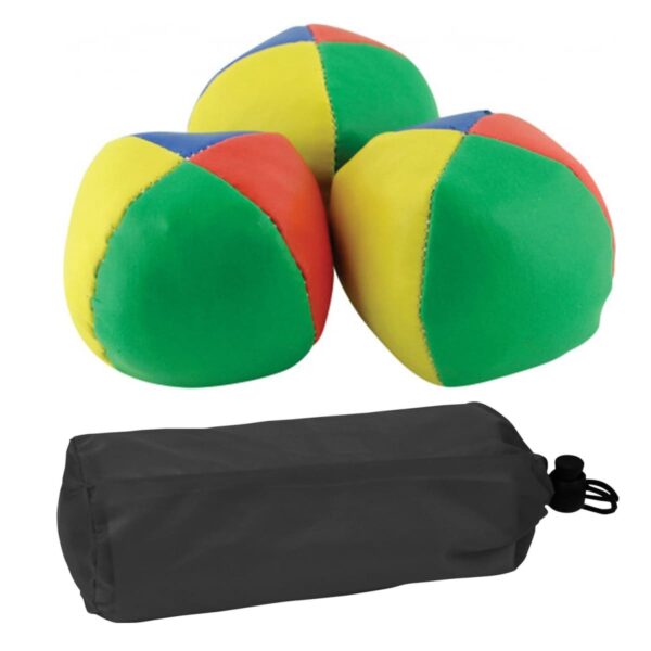 Three colorful juggling balls with segments in blue, yellow, red, and green are displayed above a black drawstring bag.