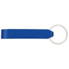 A blue bottle opener keychain with a metallic ring attached.
