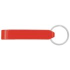 A red bottle opener keychain with a flat, rectangular handle attached to a metal key ring.