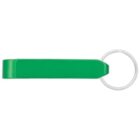A green bottle opener keychain with a rectangular handle and a silver metal keyring attached.