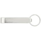 A silver metal keychain featuring a flat, elongated body with a circular key ring attached. The surface appears smooth and shiny, reflecting light. The design is simple and minimalist.