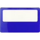 A rectangular blue name badge with a white rectangular space in the upper half for writing a name or information. The badge has rounded corners.