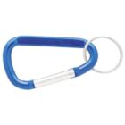 A blue carabiner with a silver keyring attached. The carabiner has a straight gate with a metallic finish.