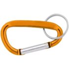 Orange carabiner with a silver gate and an attached silver keyring, isolated on a white background.