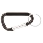 A black carabiner keychain with a silver keyring attached, isolated on a white background.