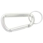 A silver carabiner with a round key ring attached, isolated on a white background.