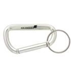 A silver carabiner with an Icelandair logo printed on it. It has an attached metal keyring loop on one end.