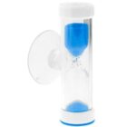 A small, transparent hourglass with blue sand inside, mounted vertically on a white base. It features a suction cup on the side for attaching to surfaces.