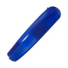 A bright blue stapler is shown from a side angle. The stapler is closed, with a smooth, glossy finish, and appears to be made of plastic. It is isolated on a white background.