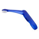 A blue travel toothbrush with a foldable design is shown against a white background. The toothbrushs bristles are white, and the handle is partially folded, demonstrating its compact feature.