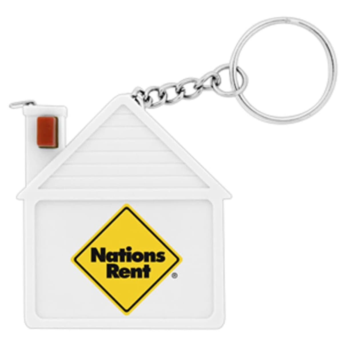 Keychain shaped like a white house with a chimney, featuring a yellow diamond logo with the text Nations Rent. The keyring is attached at the top right corner of the house.