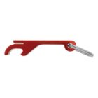 A red metal bottle opener with a simple lever design, attached to a silver keyring. The opener has a curved hook for lifting bottle caps, and a flat edge opposite the keyring attachment.