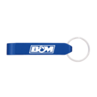 Blue bottle opener keychain with the logo B&M in white on its surface. The metal key ring is attached to one end of the opener.