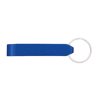 Blue bottle opener keychain with a flat opener on one end and a metal keyring on the other.