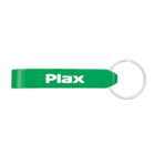 Green bottle opener keychain with Plax printed in white on one side. The metal ring is attached to one end for keys. The opener is compact and simple in design.