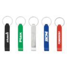 Five keychains are displayed side by side. From left to right, they are black, green, silver, blue, and red. Each keychain has a metal ring attached and a brand name printed in white.