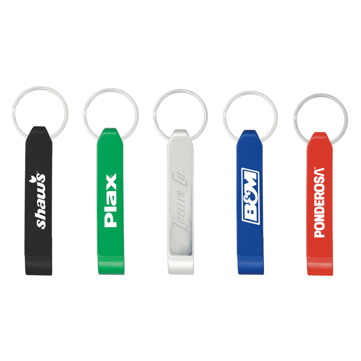 Five keychains are displayed side by side. From left to right, they are black, green, silver, blue, and red. Each keychain has a metal ring attached and a brand name printed in white.