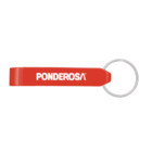 Red keychain with the word PONDEROSA in white, attached to a silver metal ring.