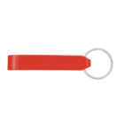 A red keychain with an attached metal ring. The keychain has a simple, flat design.