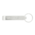 A silver keychain with a bottle opener design. The engraving on the body reads Zoeller Co. and it features a circular metal keyring attached at one end.