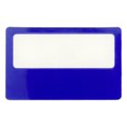 A blue magnifying card with a rectangular magnifying lens in the center. The card is flat with a ruler along the top edge. The background is white.