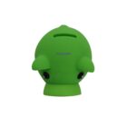 A green, whale-shaped piggy bank with two small black eyes and a slot on top. The word PIMCORE is printed on it.
