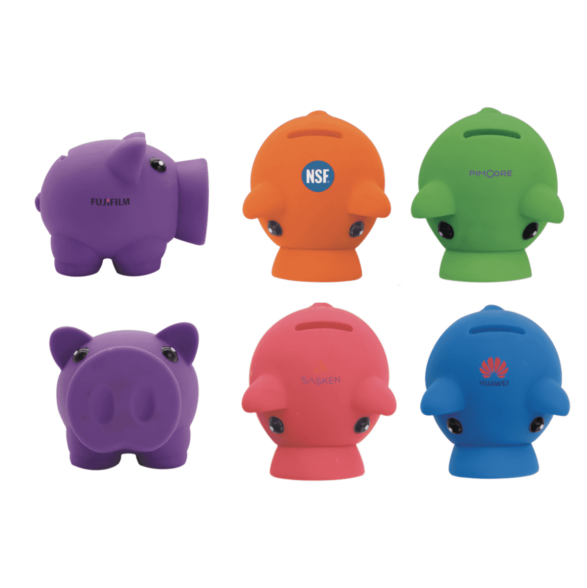 Six colorful piggy banks are arranged in two rows. The top row features purple, orange, and green banks, and the bottom row has another purple, pink, and blue banks. Each has a brand logo printed on it.