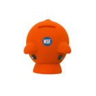 Orange, round piggy bank with a small fin on each side and a blue circle labeled NSF on its face. Two small black eyes are visible on the front, and theres a coin slot on top.