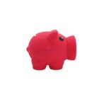 A bright pink piggy bank is shown from the side against a white background. The piggy bank has a simplistic design with small details for eyes and ears.
