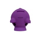 A purple whale-shaped piggy bank with a slot on top for coins. It features two small black eyes on the front and the Fujifilm logo printed on its side. The design is simple and cute.
